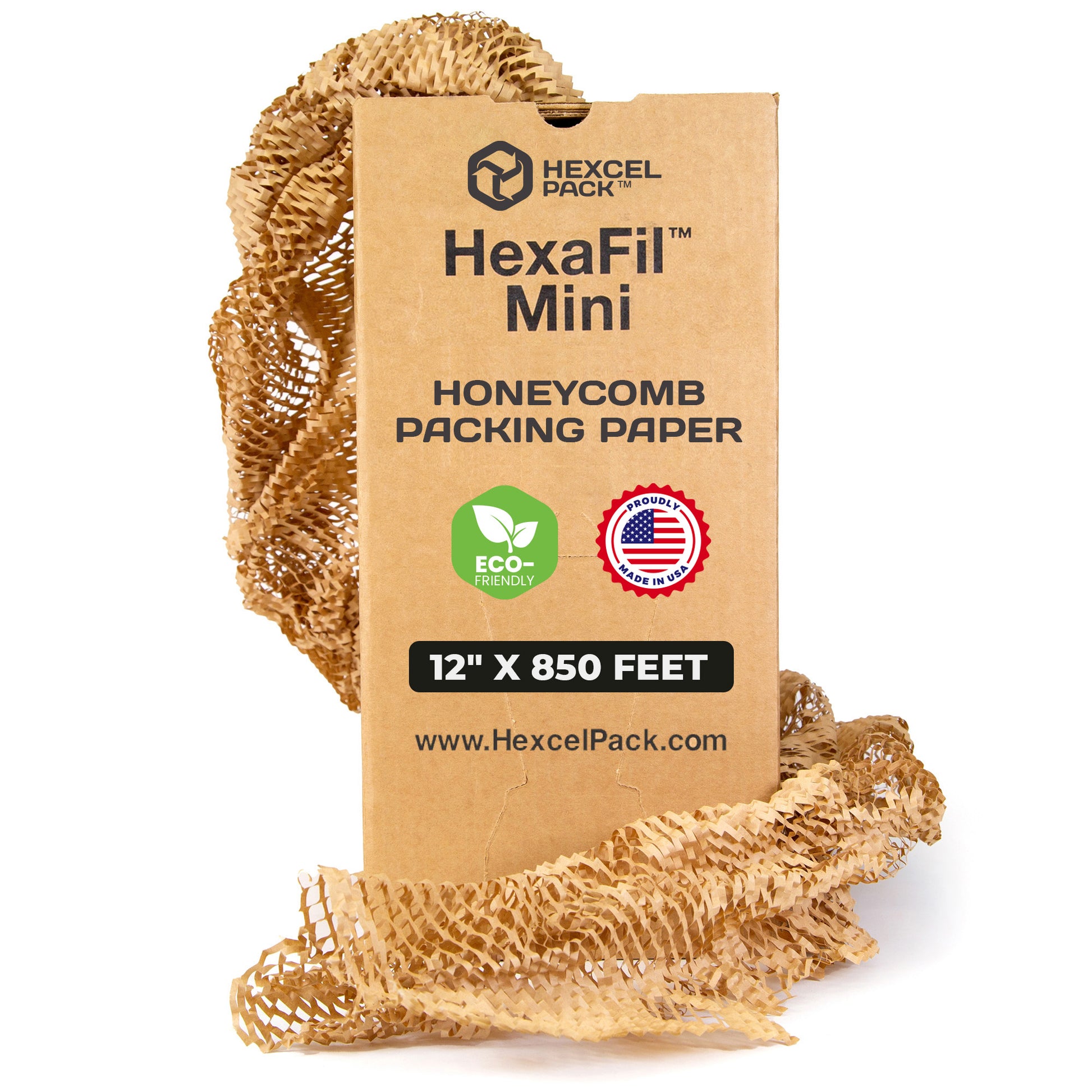 HexcelPack HexaFil Mini dispenser with kraft paper roll, ideal for eco-friendly high-volume packaging setups