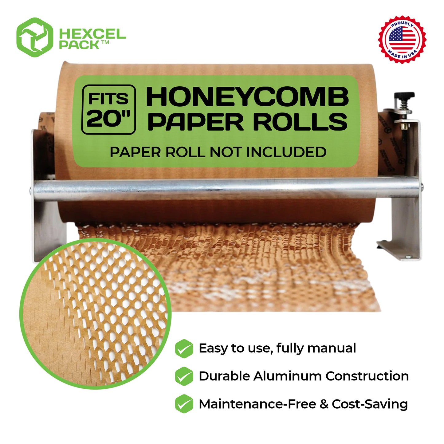 HexcelPack 20 inch honeycomb paper dispenser with aluminum frame and eco paper roll