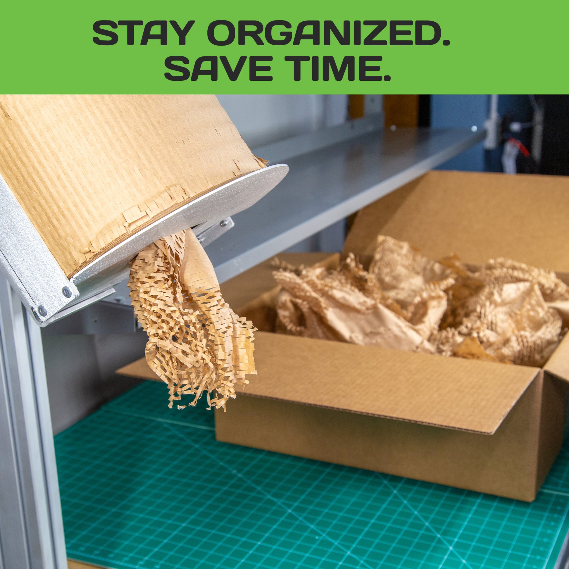 HexcelPack vertical dispenser dispensing honeycomb paper into box for efficient packing