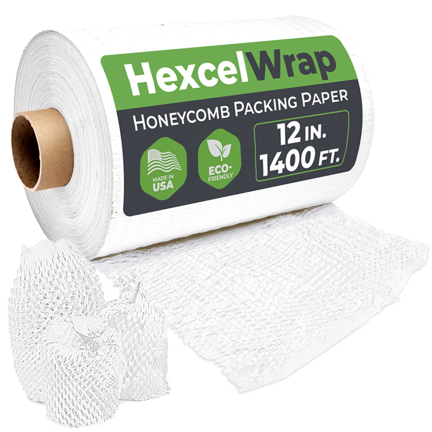 HexcelPack HexcelWrap Regular 12x1400’ white honeycomb paper roll shown in dispenser for sustainable packaging use