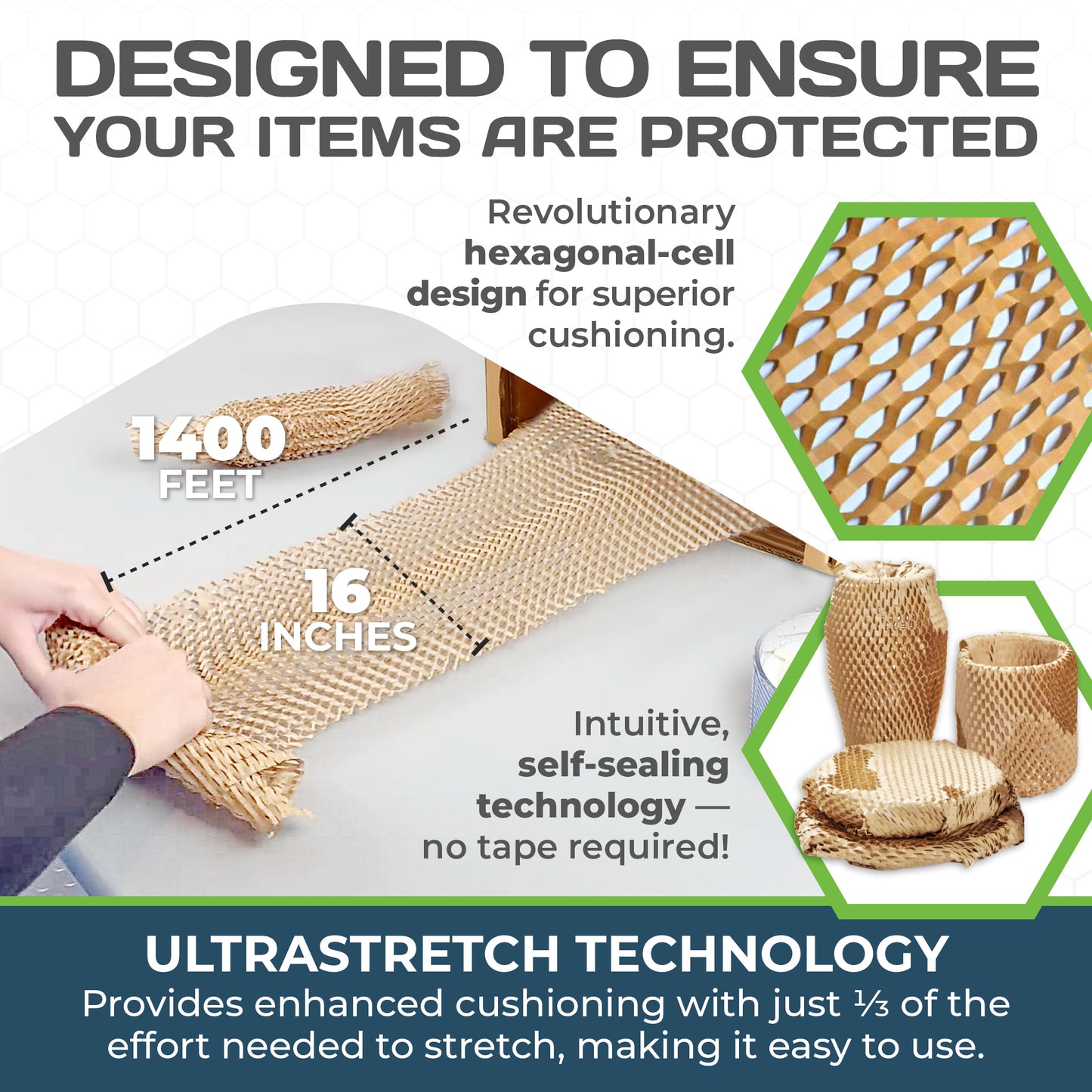 HexcelPack HexcelWrap Regular 3-roll configuration for sustainable packing, shown on website-ready background