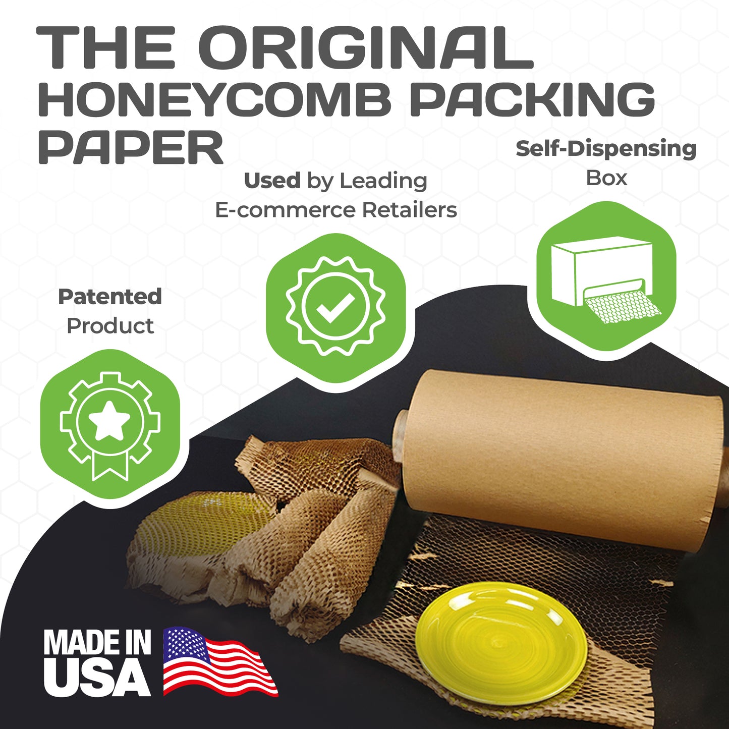HexcelPack HexcelWrap Regular kraft paper rolls in 3 sizes, displayed for industrial eco packaging use