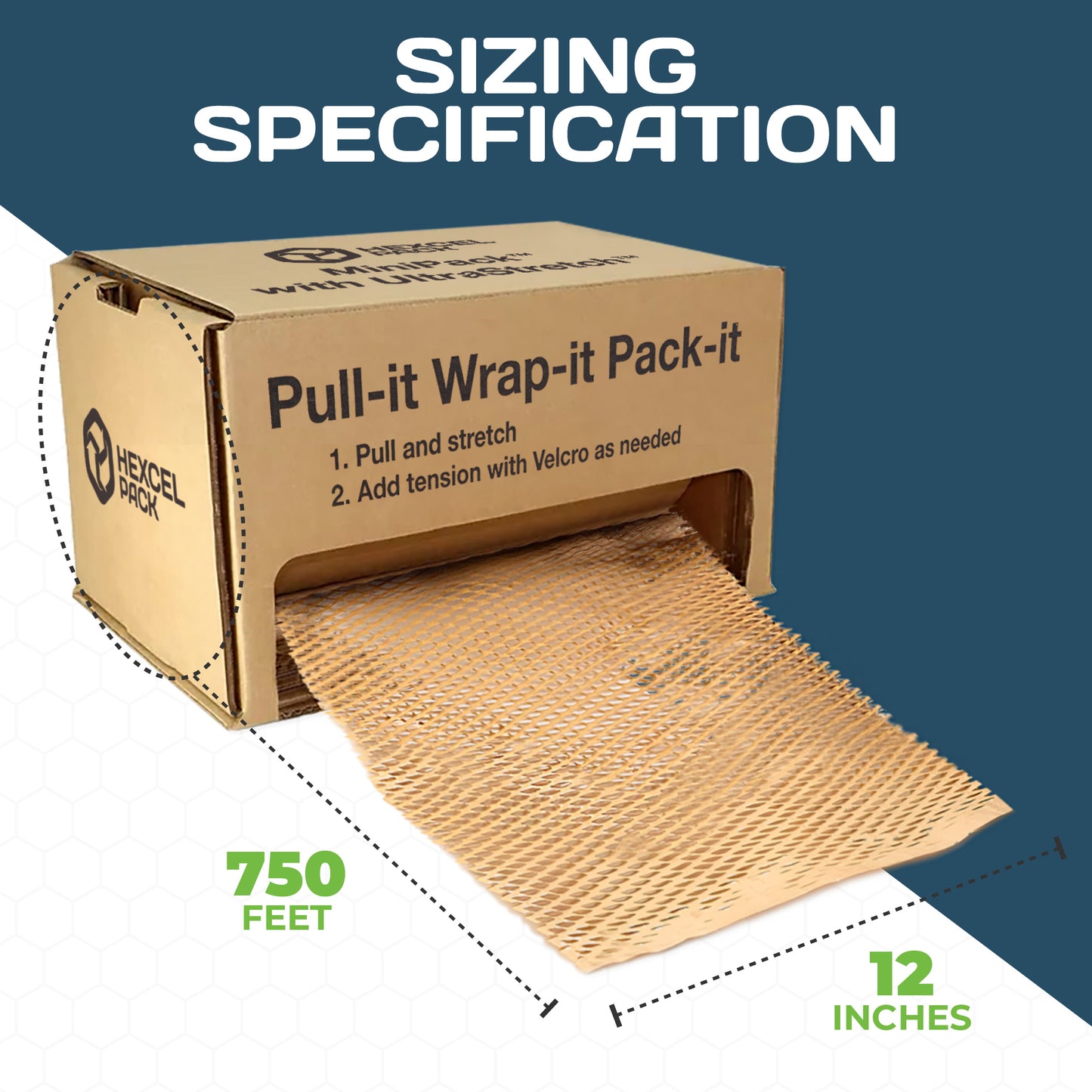 HexcelPack kraft honeycomb paper wrap used inside 750 ft box, ideal for protecting fragile items