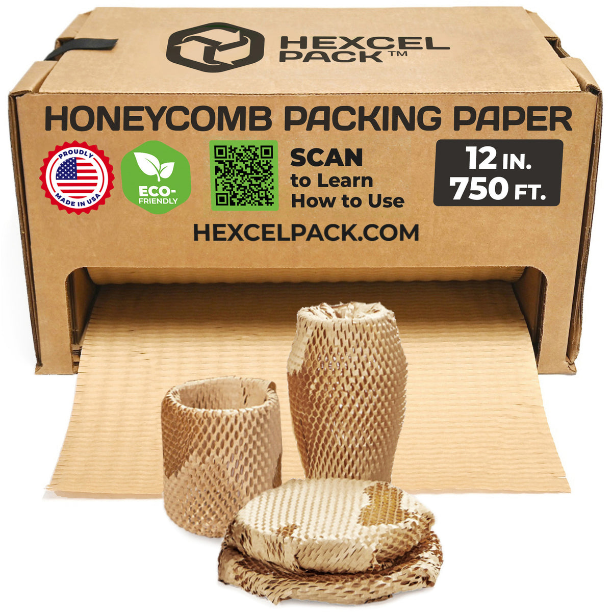HexcelPack HexcelWrap Mini Honeycomb Packing Paper - Natural, 12" x 750' - Natural HoneyComb,12" x 750 Feet - With Dispenser Box