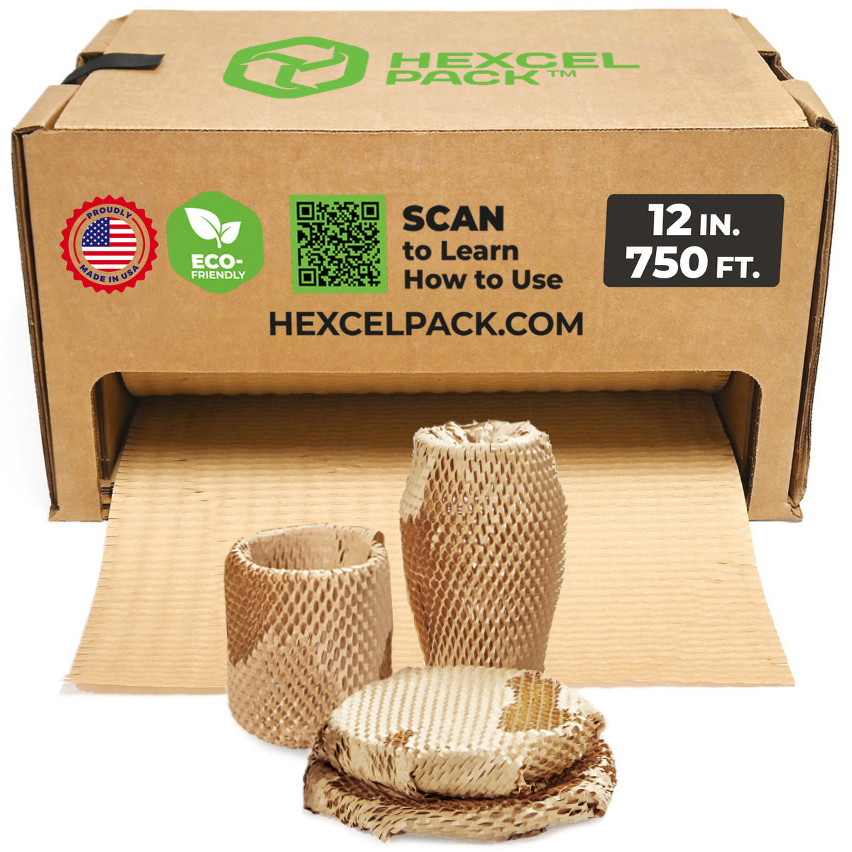 HexcelPack HexcelWrap Mini - Honeycomb Packing Paper, Eco-Friendly, Sustainable Paper Bubble Wrap for Shipping & Moving, Cushioned Packing Material in Dispenser - Natural, Pallet of 32, 12" x 750' - Natural HoneyComb,12" x 750 Feet - With Dispenser Box - Pallet