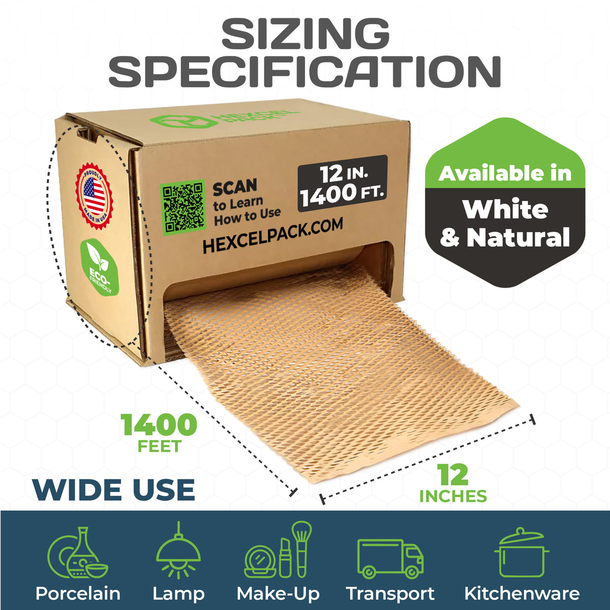 HexcelPack HexcelWrap Mini - Honeycomb Packing Paper, Eco-Friendly, Sustainable Paper Bubble Wrap for Shipping & Moving, Cushioned Packing Material in Dispenser - Natural, Pallet of 28, 12" x 1400' - Natural HoneyComb,12" x 1400 Feet - With Dispenser Box - Pallet