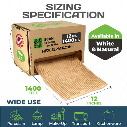HexcelPack HexcelWrap Mini - Honeycomb Packing Paper, Eco-Friendly, Sustainable Paper Bubble Wrap for Shipping & Moving, Cushioned Packing Material in Dispenser - Natural, Pallet of 28, 12" x 1400' - Natural HoneyComb,12" x 1400 Feet - With Dispenser Box - Pallet