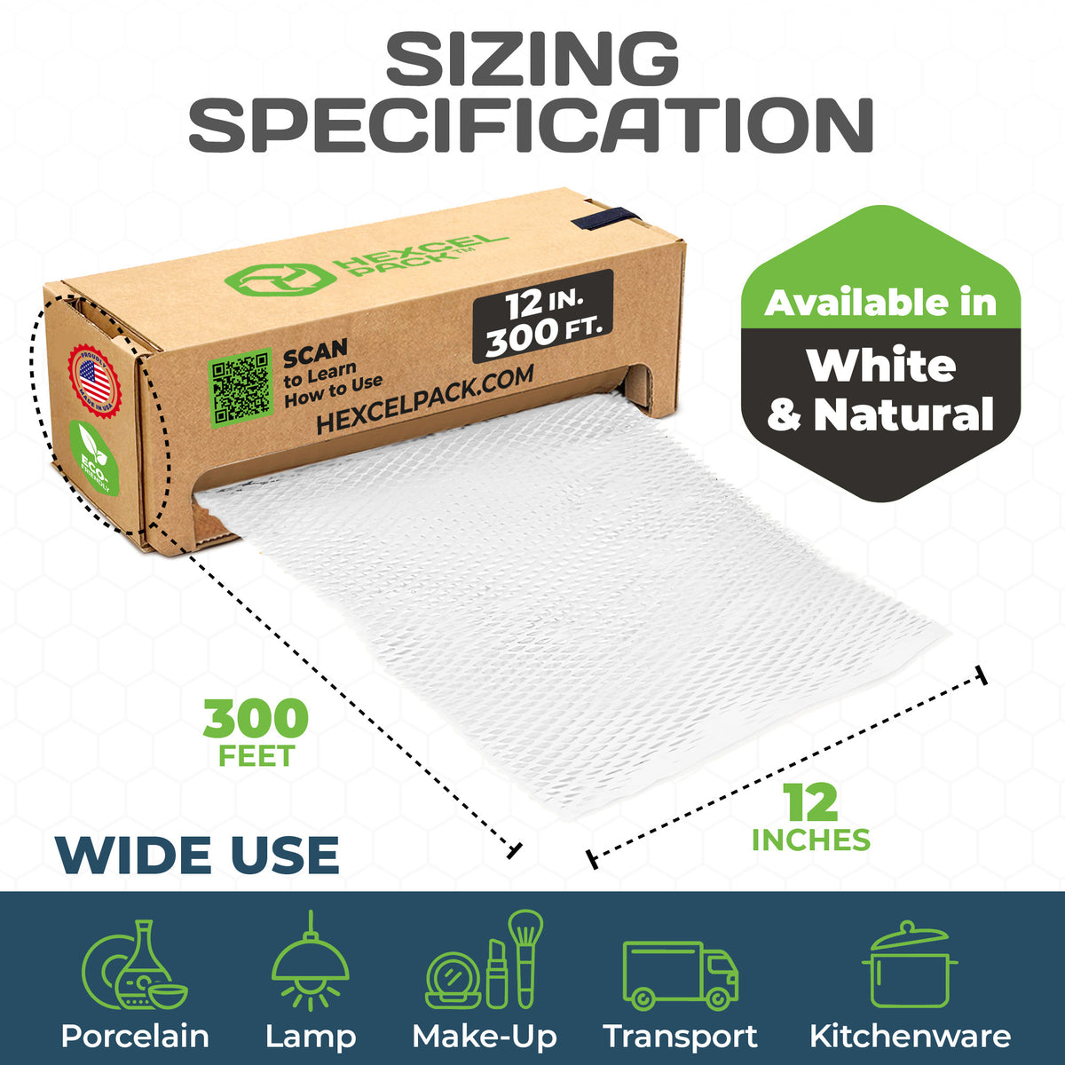 HexcelPack HexcelWrap Mini - Honeycomb Packing Paper, Eco-Friendly, Sustainable Paper Bubble Wrap for Shipping & Moving, Cushioned Packing Material in Dispenser - White, Pallet of 112, 12" x 300' - White HoneyComb,12" x 300 Feet - With Dispenser Box - Pallet