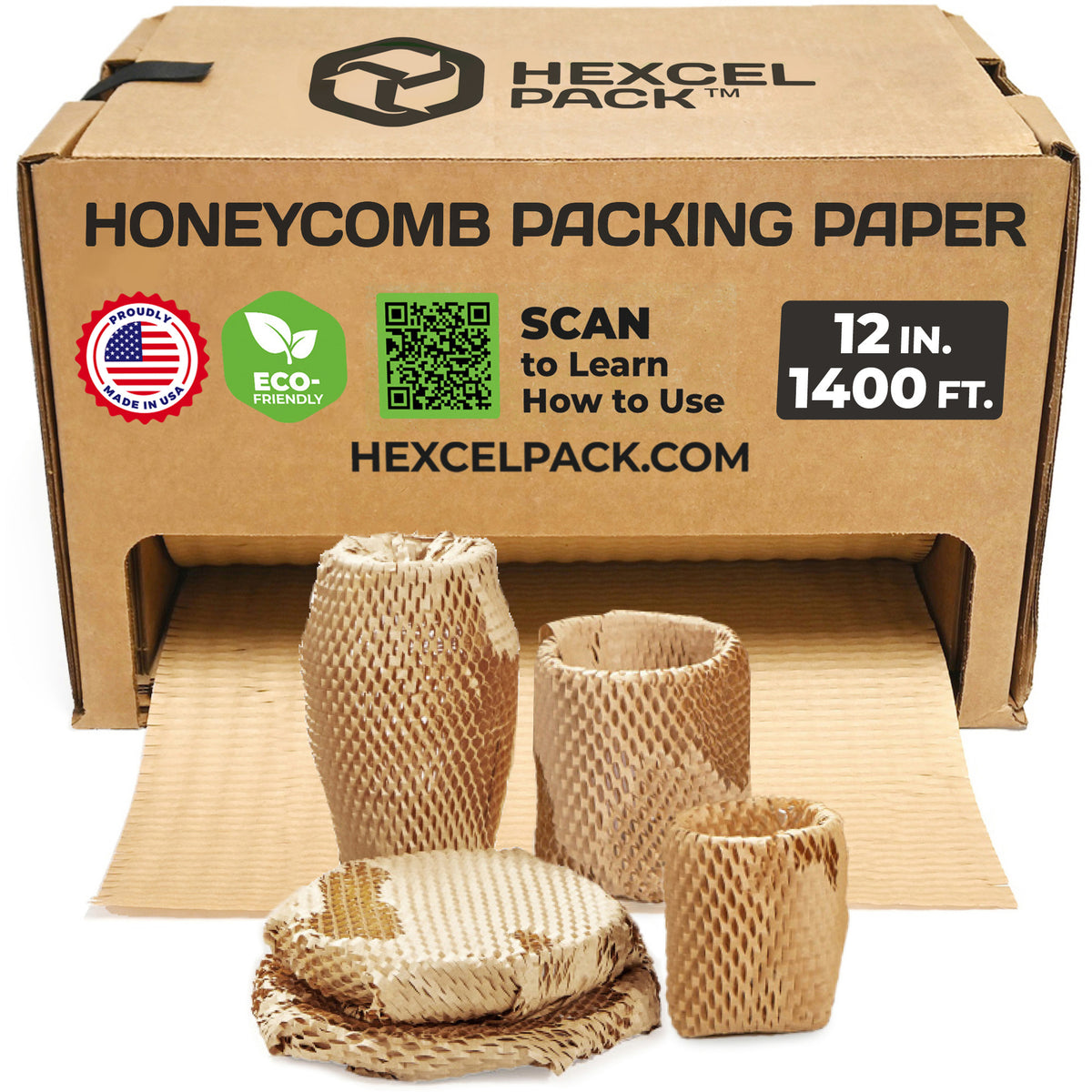 HexcelPack HexcelWrap Mini Honeycomb Packing Paper - Natural, 12" x 1400' - Natural HoneyComb,12" x 1400 Feet - With Dispenser Box