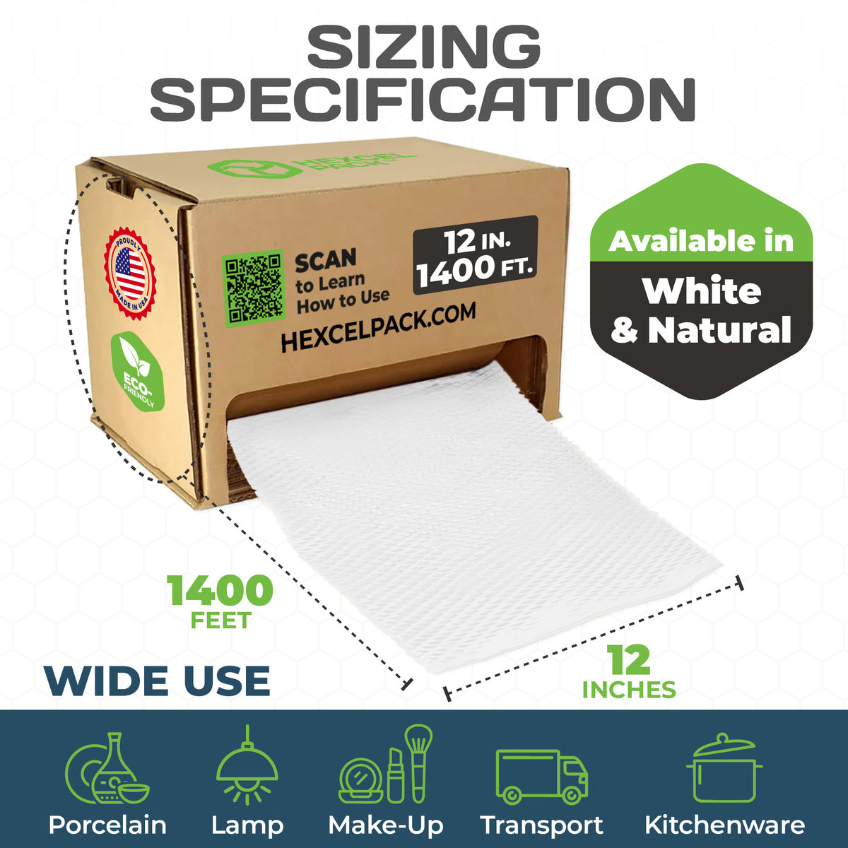 HexcelPack HexcelWrap Mini - Honeycomb Packing Paper, Eco-Friendly, Sustainable Paper Bubble Wrap for Shipping & Moving, Cushioned Packing Material in Dispenser - White, Pallet of 28, 12" x 1400' - White HoneyComb,12" x 1400 Feet - With Dispenser Box - Pallet