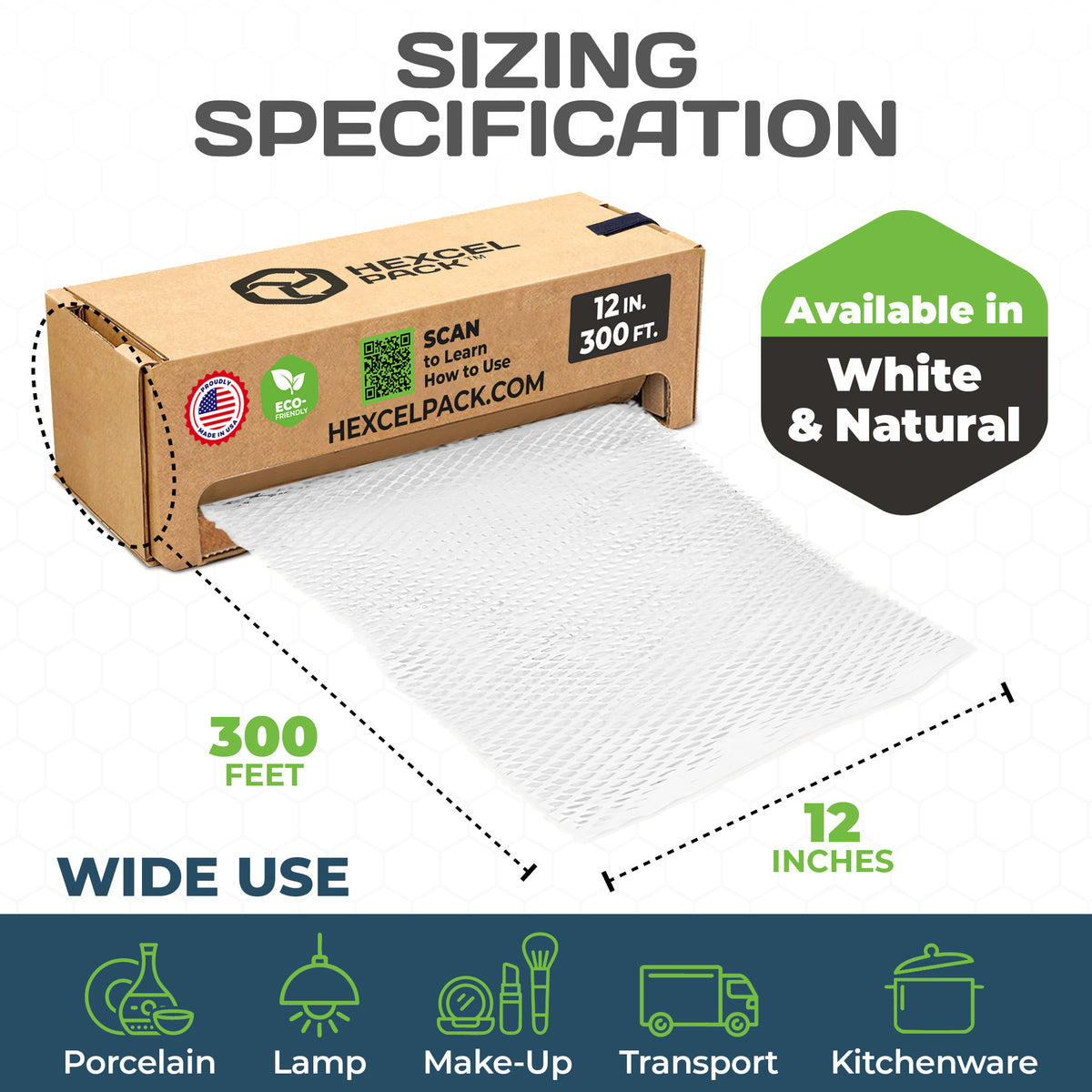 HexcelPack HexcelWrap Mini Honeycomb Packing Paper - White, 12" x 300' - White HoneyComb,12" x 300 Feet - With Dispenser Box