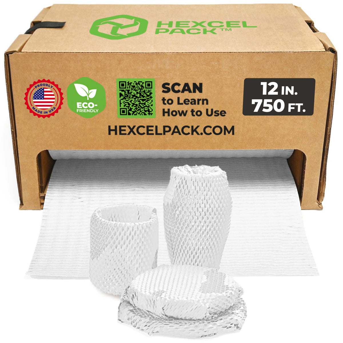 HexcelPack HexcelWrap Mini - Honeycomb Packing Paper, Eco-Friendly, Sustainable Paper Bubble Wrap for Shipping & Moving, Cushioned Packing Material in Dispenser - White, Pallet of 32, 12" x 750' - White HoneyComb,12" x 750 Feet - With Dispenser Box - Pallet