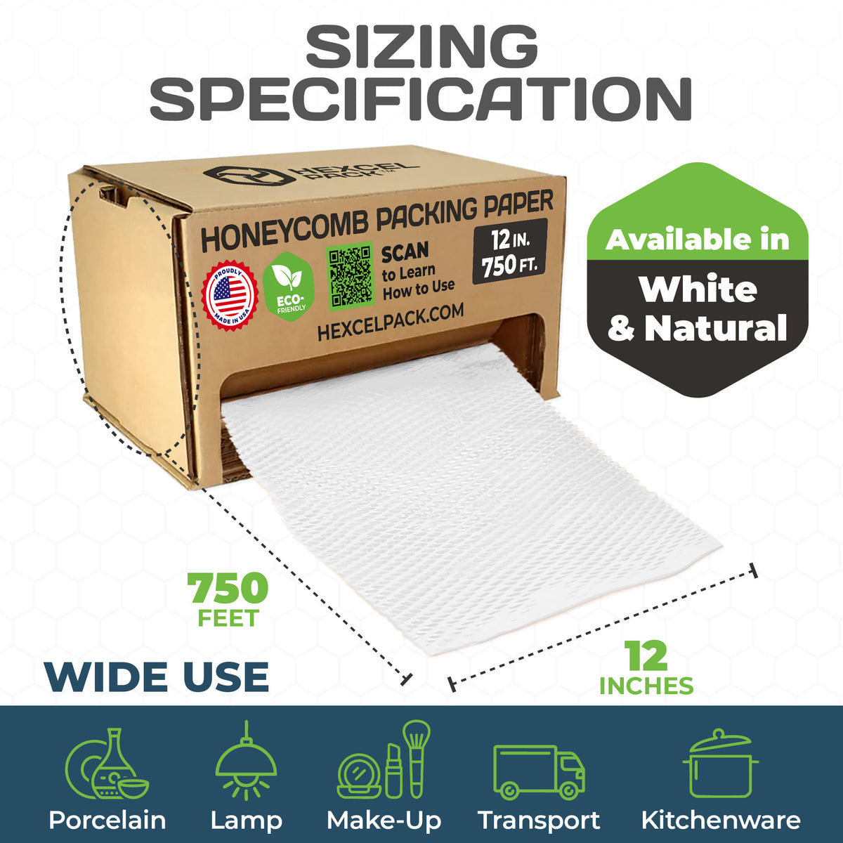 HexcelPack HexcelWrap Mini Honeycomb Packing Paper - White, 12" x 750' - White HoneyComb,12" x 750 Feet - With Dispenser Box