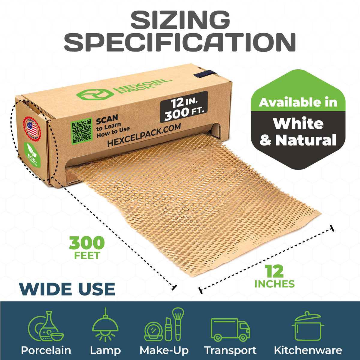 HexcelPack HexcelWrap Mini - Honeycomb Packing Paper, Eco-Friendly, Sustainable Paper Bubble Wrap for Shipping & Moving, Cushioned Packing Material in Dispenser - Natural, Pallet of 112, 12" x 300' - Natural HoneyComb,12" x 300 Feet - With Dispenser Box - Pallet