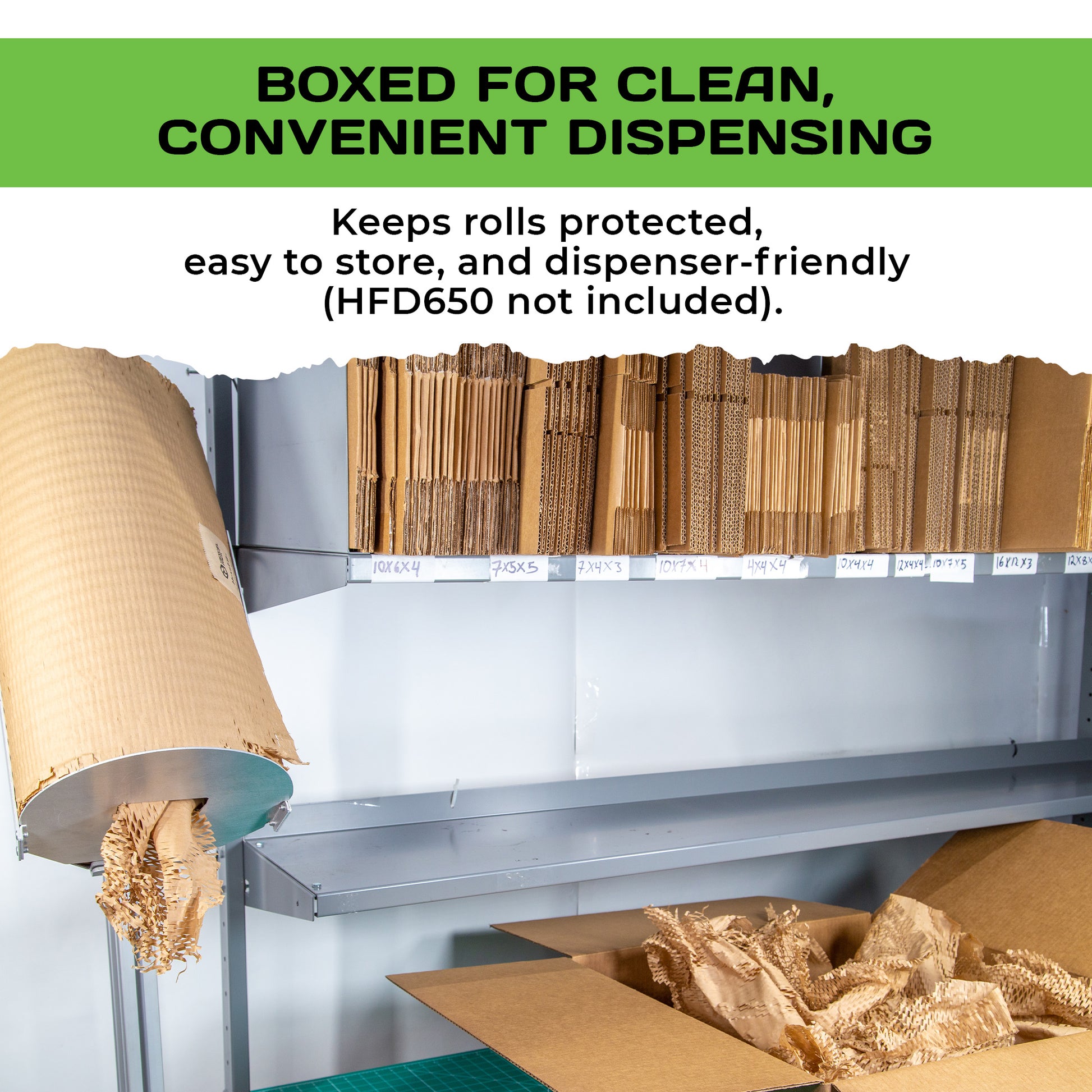 HexaFil HFi20 boxed roll keeps void fill paper protected easy to store and use