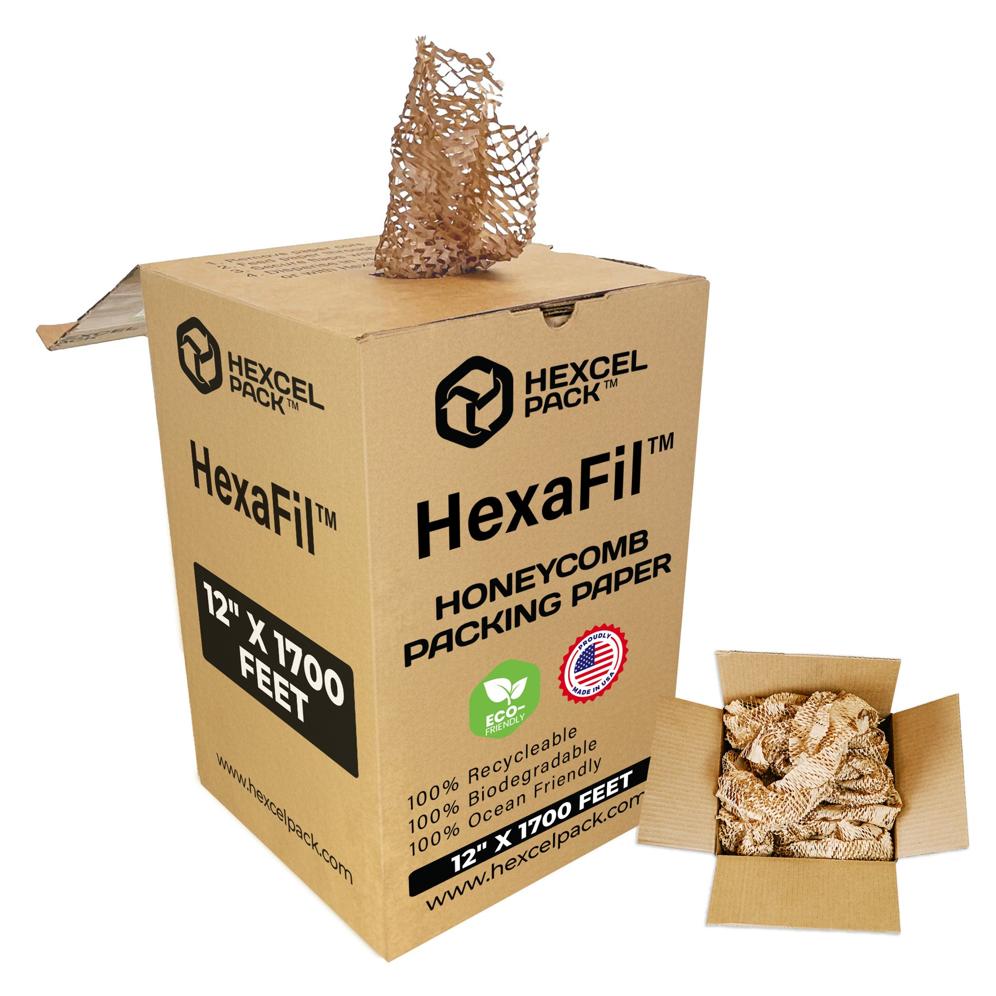 HexcelPack HexaFil HF300 Regular kraft honeycomb paper roll mounted in dispenser, ideal for sustainable packaging