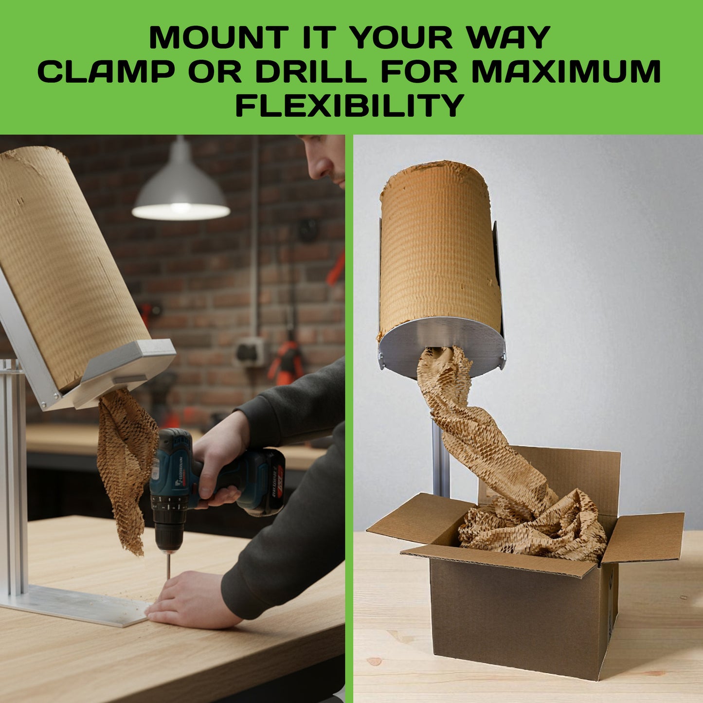 HexcelPack vertical dispenser mounted with clamp or drill for flexible installation