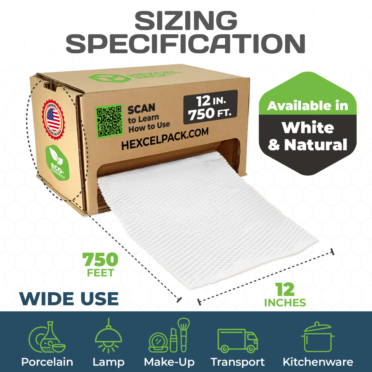 HexcelPack HexcelWrap Mini - Honeycomb Packing Paper, Eco-Friendly, Sustainable Paper Bubble Wrap for Shipping & Moving, Cushioned Packing Material in Dispenser - White, Pallet of 32, 12" x 750' - White HoneyComb,12" x 750 Feet - With Dispenser Box - Pallet