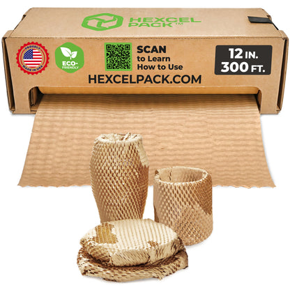 HexcelPack HexcelWrap Mini - Honeycomb Packing Paper, Eco-Friendly, Sustainable Paper Bubble Wrap for Shipping & Moving, Cushioned Packing Material in Dispenser - Natural, Pallet of 112, 12" x 300' - Natural HoneyComb,12" x 300 Feet - With Dispenser Box - Pallet