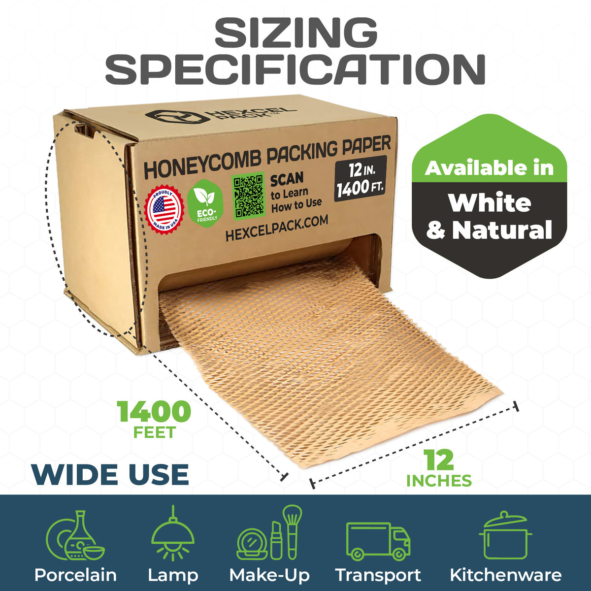 HexcelPack HexcelWrap Mini Honeycomb Packing Paper - Natural, 12" x 1400' - Natural HoneyComb,12" x 1400 Feet - With Dispenser Box