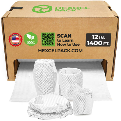 HexcelPack HexcelWrap Mini - Honeycomb Packing Paper, Eco-Friendly, Sustainable Paper Bubble Wrap for Shipping & Moving, Cushioned Packing Material in Dispenser - White, Pallet of 28, 12" x 1400' - White HoneyComb,12" x 1400 Feet - With Dispenser Box - Pallet