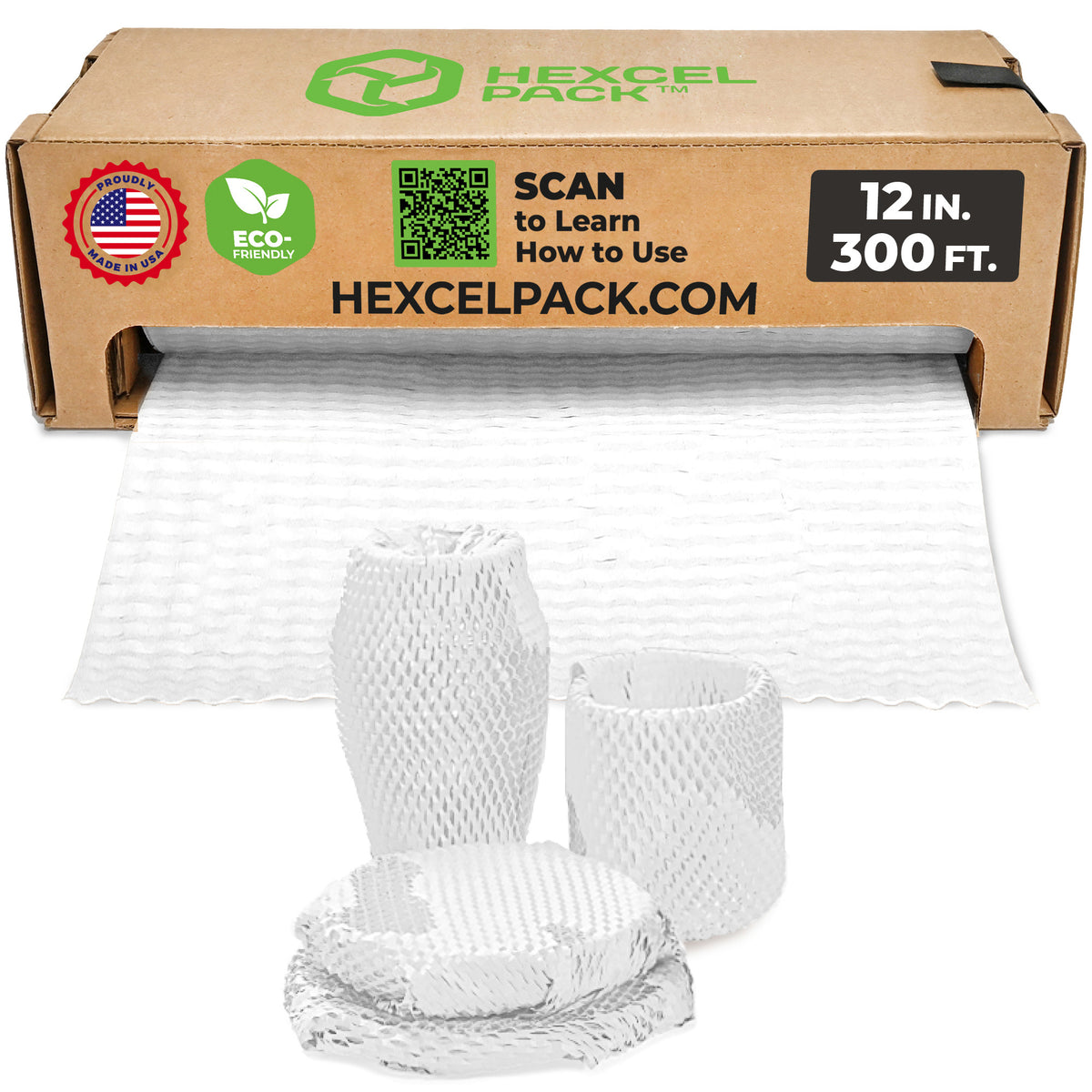 HexcelPack HexcelWrap Mini - Honeycomb Packing Paper, Eco-Friendly, Sustainable Paper Bubble Wrap for Shipping & Moving, Cushioned Packing Material in Dispenser - White, Pallet of 112, 12" x 300' - White HoneyComb,12" x 300 Feet - With Dispenser Box - Pallet