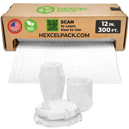 HexcelPack HexcelWrap Mini - Honeycomb Packing Paper, Eco-Friendly, Sustainable Paper Bubble Wrap for Shipping & Moving, Cushioned Packing Material in Dispenser - White, Pallet of 112, 12" x 300' - White HoneyComb,12" x 300 Feet - With Dispenser Box - Pallet