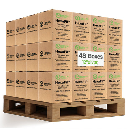 HexcelPack HexaFil Regular pallet with 48 boxes of 12x1700’ eco-friendly kraft honeycomb wrap for packaging