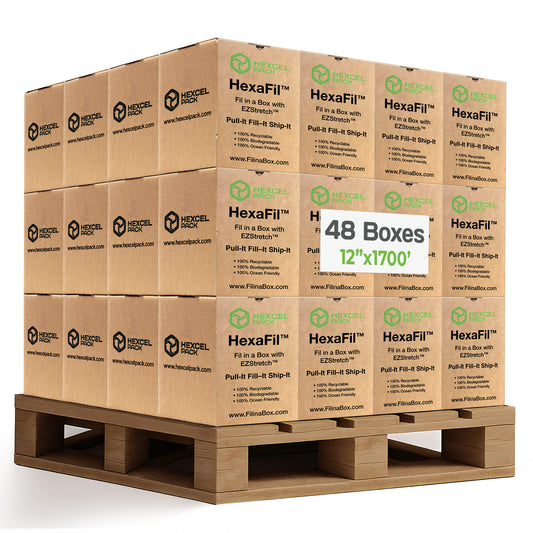 HexcelPack HexaFil Regular pallet with 48 boxes of 12x1700’ eco-friendly kraft honeycomb wrap for packaging