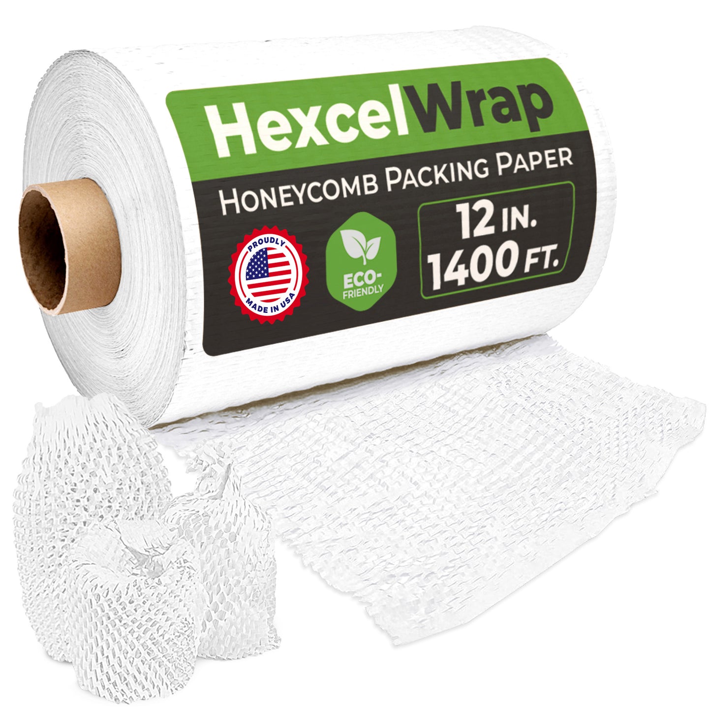 HexcelPack HexcelWrap Regular 12x1400’ white honeycomb paper roll shown in dispenser for sustainable packaging use