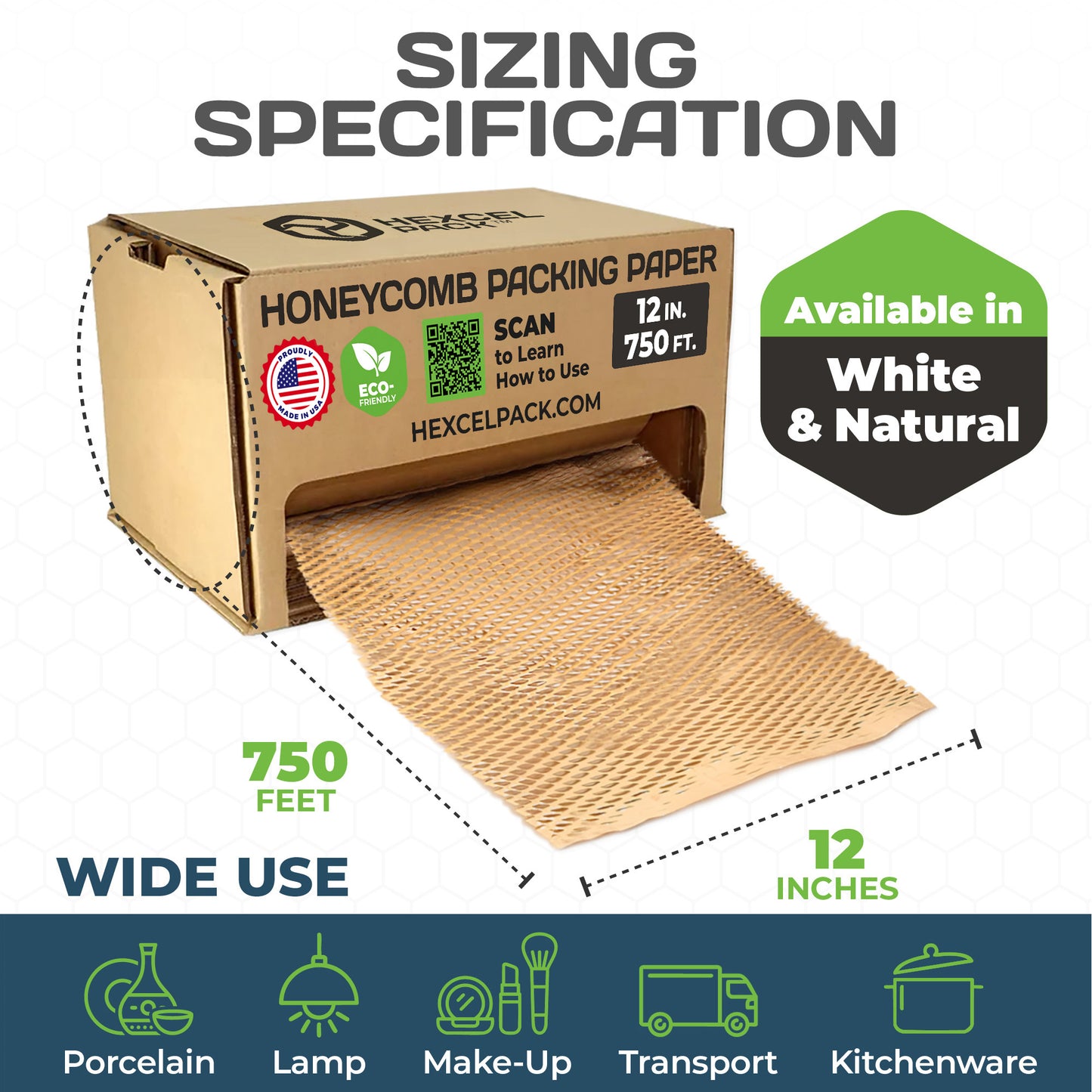 HexcelPack kraft honeycomb paper wrap used inside 750 ft box, ideal for protecting fragile items