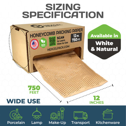HexcelPack kraft honeycomb paper wrap used inside 750 ft box, ideal for protecting fragile items